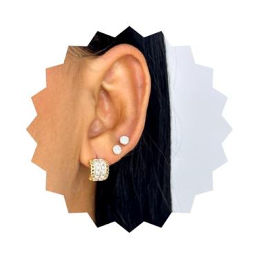 Imagem de ROHNES Brinco Retângulo Tipo Ponte Folheado a Ouro 18k, Dourado, Aço Inoxidável, com Zircônias