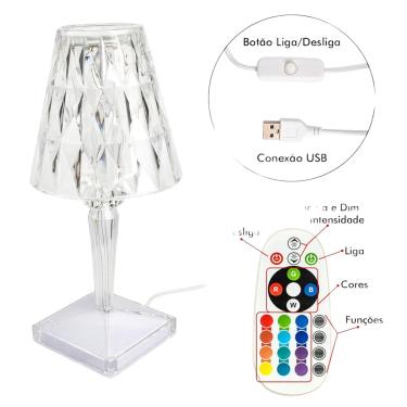 Imagem de Luminária Abajur Cristal Led Rgb Usb Com Controle Remoto
