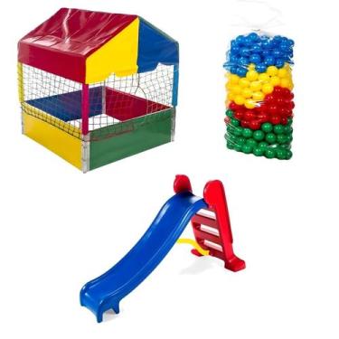 Imagem de Kit Brinquedos Infantil Colorido  Piscina, Escorregador e Bolinhas - A