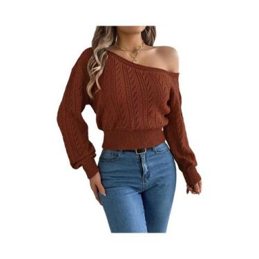 Imagem de Suéter Feminino De Tricô Com Ombros Descobertos E Manga Longa, Casual 