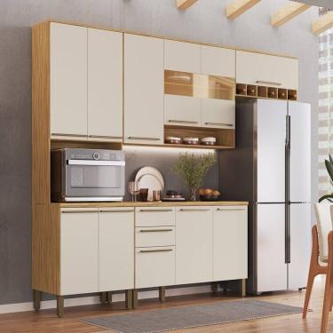 Imagem de Cozinha Compacta Modulada 4 Peças 11 Portas com Vidro e Tampo 266cm 100% Mdf Itália Espresso Móveis Amêndoa/Off White