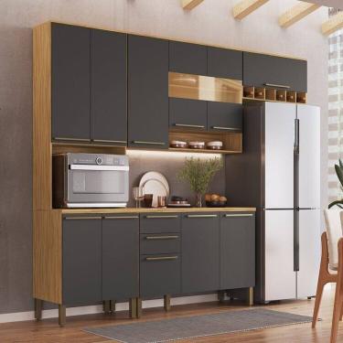 Imagem de Cozinha Compacta Modulada 4 Peças 11 Portas com Vidro e Tampo 266cm 100% Mdf Itália Espresso Móveis Amêndoa/Cinza