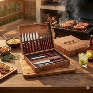 Imagem de Kit Churrasco Tramontina Polywood 15 Peças Inox Madeira Tratada Caixa 
