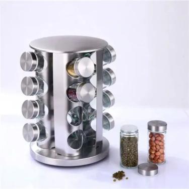 Imagem de Porta Tempero Giratório Condimento Giratório 16 Potes Redondo para Organização em Aço Inoxidável e Vidro
