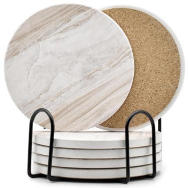 Imagem de Porta-copos Hoewina Marble Ceramic Absorvente de 10 cm com suporte par