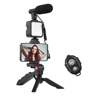 Imagem de Kit de iluminação de vídeo LED, kit de vídeo Vlog da Andoer para telefone com tripé de mesa, suporte de telefone com microfone frio, luz de vídeo LED, obturador remoto para YouTube/transmissão ao vivo/maquiagem