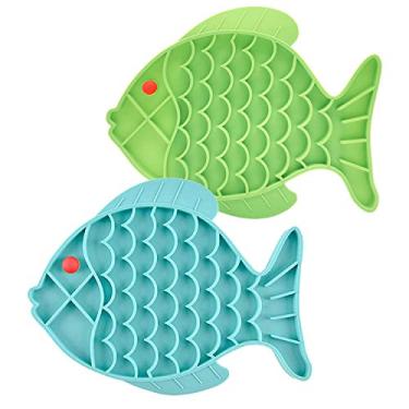 Imagem de DLDER Alimentador lento de gato, 2 pacote de gato em forma de peixe lamber tapete para gatos cães alívio de ansiedade, alimentador de quebra-cabeça de gato tigela de gato, alternativa divertida para tigela de gato alimentador lento.