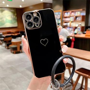 Imagem de FCSWEET Capa compatível com iPhone 14 Pro, capa de telefone de silicone brilhante com padrão de coração de amor fofo com pulseira de plástico, telefone protetor à prova de choque para mulheres e meninas