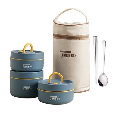 Imagem de Lamptti Caixa Isolada Bento | Conjunto Caixa Térmica Bento | Lancheira Azul Adulto com Garfo e Colher, Recipiente de Comida Empilhável Interior de Aço Inoxidável