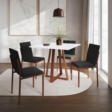 Imagem de Conjunto De Jantar Mesa Mônaco 90Cm Tampo Branco Com 4 Cadeiras Pretas Base Cobre - Cor...