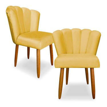 Imagem de Kit 2 Cadeiras de Jantar Pétala Estofada Pés Palito Veludo Amarelo - Montanaris Decor
