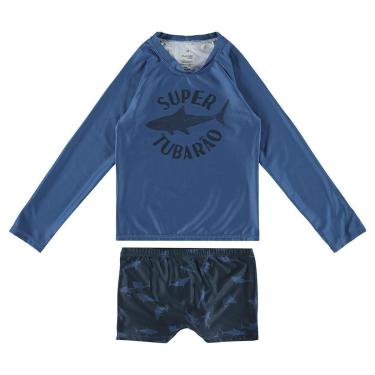 Imagem de Conjunto Malha UV50+ Malwee Camiseta Manga Longa Sunga Boxer Praia Malwee Infantil Azul Super Tubarã-Masculino