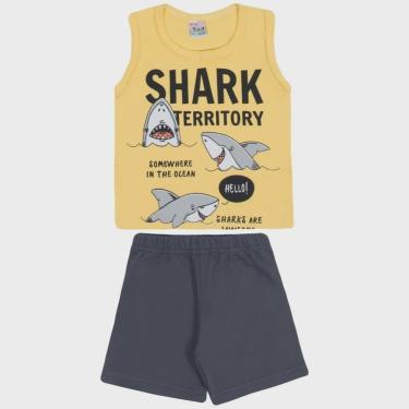 Imagem de Conjunto curto bebê camiseta regata amarelo estampada tubarão e shorts em moletinho chumbo liso