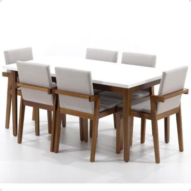 Imagem de Mesa de Jantar Retangular Luiza 160cm Branca com 6 Cadeiras Estofadas Isabela - Bege
