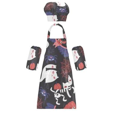 Imagem de GuoChe Conjunto de avental de chef infantil adorável abóbora gatos morcegos vermelho azul avental de cozinha infantil conjunto de chapéu de chef para crianças, Abóboras de Halloween, gatos, morcegos, vermelho e azul, M