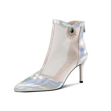 Imagem de KAGAA Sapatos femininos sexy de couro genuíno bico fino com zíper, salto agulha salto alto com cristais de 8 cm sandálias femininas feitas à mão th2598s, Prata, 10.5