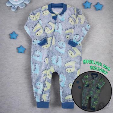 Imagem de Macacão Infantil Fleece Até 24 Meses Dino Brilha No Escuro Azul - Era