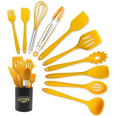 Imagem de Conjunto de utensílios de cozinha de 11 peças, conjunto de utensílios de cozinha amarelos, conjunto de espátula de silicone antiaderente com suporte de utensílios de ferro, conjunto de utensílios de