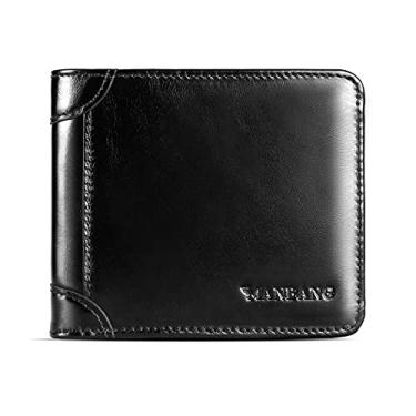 Imagem de MANBANG 【Couro de vaca genuíno】 Carteira masculina de marca luxuosa original curta três dobras primeira camada bolsa de couro de vaca negócios horizontal moda, Preto, Couro de vaca genuíno