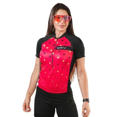 Imagem de Camisa de Ciclismo Feminina Manga Curta Rosa Estrelado Proteção UV Slim Confortável Pro Bike (BR, Alfa, GG, Regular, Rosa Estrelado)