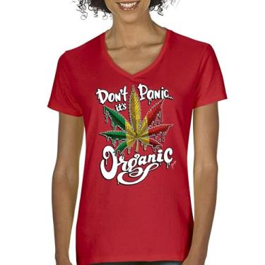 Imagem de Camiseta feminina Don't Panic It's Organic gola V 420 Weed Pot Leaf Smoking Marijuana Legalize Cannabis Stoner Pothead Tee, Vermelho, XXG