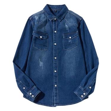 Imagem de Camisa jeans masculina, manga comprida, bolsos frontais, botões, punhos, cor lisa, gola larga, Azul-escuro, M