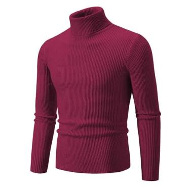 Imagem de Suéter masculino vintage de gola rolê grosso suéter de gola rolê cor sólida, Vinho tinto, XXG