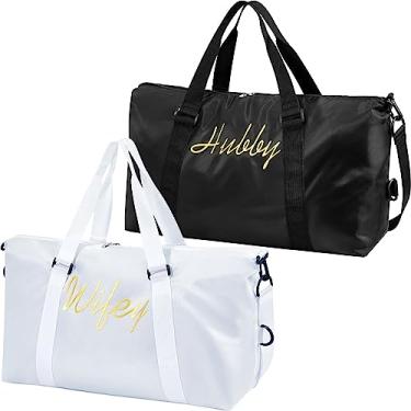 Imagem de Sanwuta Conjunto de 2 peças de bolsa esportiva Wifey Hubby, bolsa de viagem leve para mulheres, homens, grande, academia, casamento, chá de noiva, presente de lua de mel, para organizador de festa,