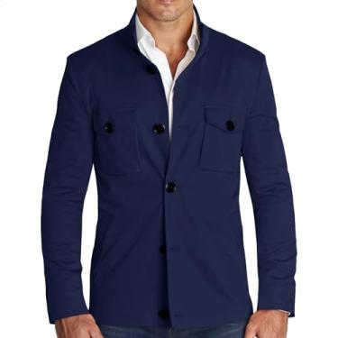 Imagem de Runcati Jaqueta masculina leve, casual, gola alta, abotoada, quebra-vento, casaco com bolso, Azul marino, GG