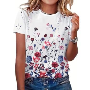 Imagem de IWOLLENCE Camiseta feminina vintage floral gola redonda manga curta casual verão flores silvestres, Fp-flor vermelha branca, M