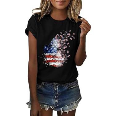 Imagem de Camiseta feminina com bandeira americana patriótica 4th of July Butterfly Graphic Tees Shirts USA Flag Star Stripe Tops, Preto, G