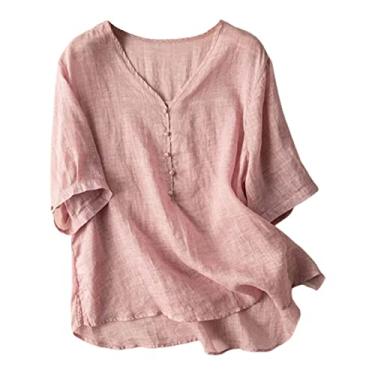 Imagem de Camisa feminina de algodão de linho de manga curta gola V blusa de botão de verão 2024 casual rodada, rosa, XXG