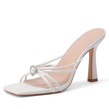 Imagem de LingxiaUne Sandálias brancas/rosa com bico aberto sexy salto agulha quadrado sandálias elegantes sapatos de verão, Branco, 40