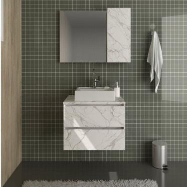 Imagem de Conjunto de Banheiro com Gabinete Suspenso 2 Gavetas 60cm e Espelheira 80cm Mármore Branco