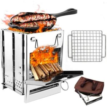 Imagem de Fogão a lenha YWHWXB para acampamento, dobrável, portátil e fácil de limpar, feito de aço inoxidável 304, alimentado por madeira, ideal para atividades ao ar livre