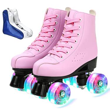 Imagem de Patins de rolo XUDREZ para mulheres e homens, confortáveis de couro PU de cano alto para iniciantes rodas de poliuretano com fileira dupla, patins profissionais para uso interno e externo com bolsa para sapatos (rosa flash, 38)