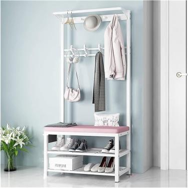 Imagem de Banco de sapatos para hall industrial, entrada de árvore, prateleira de armazenamento com ganchos, móveis de destaque com estrutura de metal, cabides de fácil montagem para corredor, sala de