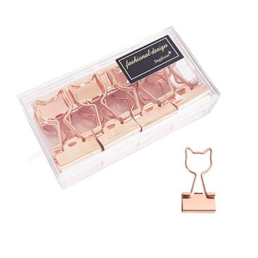 Imagem de Clipes de fichário de gato, clipes de fichário de metal fofos em ouro rosa com formato de gato, material de escritório pequeno de 9,5 cm para decoração de amantes de gatos (12 peças)