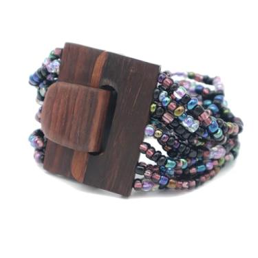 Imagem de IndoMode Pulseira Bali com contas étnicas cromadas e hematinas e arco-íris, fecho de fivela de madeira densa, 8 inch, Vidro Madeira