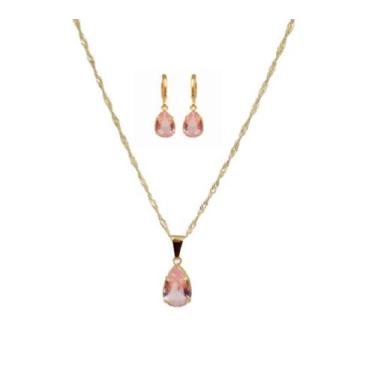 Imagem de Conjunto Colar + Brinco Argolinha Gota de Cristal Rosa Bêbê Folheado O