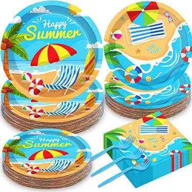 Imagem de Qyeahkj 200 peças de pratos de festa de praia suprimentos guardanapos bola de piscina decorações de festa de aniversário papel descartável louça conjunto de talheres bola de praia decoração de festa lembrancinhas para crianças serve 50