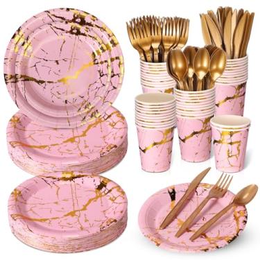 Imagem de Sawysine 300 peças de artigos de festa rosa e dourado para servir 50 convidados, conjunto de louça descartável, garfos de plástico dourado, facas, colheres e pratos de papel de bolinhas douradas para