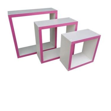 Imagem de Kit quarto infantil 3 nichos BRANCO com fita de borda ROSA 100% MDF - 