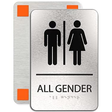 Imagem de Placa de banheiro ADASigns para todos os gêneros – 15,24 cm x 23 cm Alumínio escovado durável com braille – fácil instalação com fita adesiva forte – Placa de banheiro ADA à prova de intempéries para