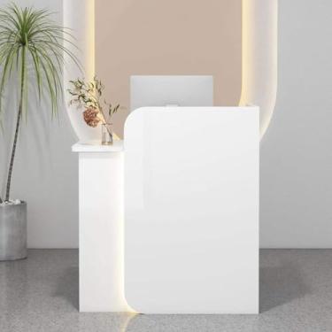 Imagem de Mesa de recepção com balcão, excelente economia de espaço, balcão frontal com gaveta com trava, mesa de escritório em casa, para salão, recepção, checkout, lobby, salão de beleza, escritório, branco,