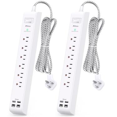 Imagem de 2 Pack Power Strip Surge Protector - 6 Outlets 4 USB Charging Ports, 5Ft Braided Extension Cord, Flat Plug, Overload Protection, Wall Mount for Home Office, Dorm Room Essentials