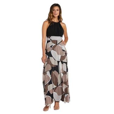 Imagem de R&M Richards Vestido longo de chiffon Yoryu com gola única, Preto, cinza-acastanhado, 46