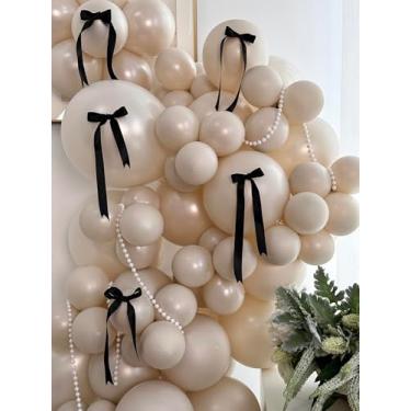 Imagem de Mythlty 185pcs Double Stuffed White Sand Balloon Arch kit with Black Bows, Pearl White Balloons Different Sizes 18" 12" 10" 5" for Birthday Wedding Bridal Shower Party Baby Shower Decoration
