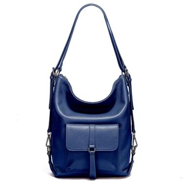 Imagem de zency Bolsa de ombro feminina conversível de couro legítimo, mochila para o trabalho, viagem, Azul escuro