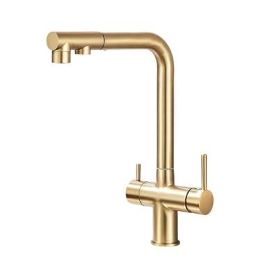 Imagem de Torneira de pia de cozinha filtrada, torneira retrátil com rotação de 360 graus, torneira de filtro de água potável, misturador de pia, ouro escovado